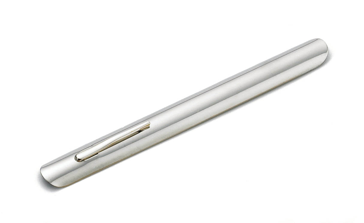 A sleek, stainless steel pen with a smooth, cylindrical shape is shown against a white background. The shiny finish and simple pocket clip near the top add to its modern appeal. The pen is positioned diagonally from lower left to upper right.
