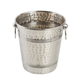 A shiny, metallic ice bucket with a hammered texture, two round side handles, and decorative horizontal grooves. This stainless steel bucket is empty and standing upright on a white background.