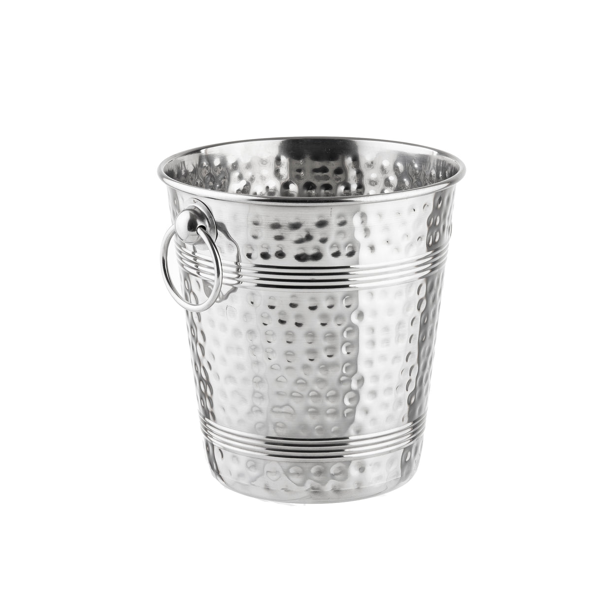 A shiny, stainless steel ice bucket with a hammered texture and horizontal grooves. Featuring a circular handle attached to a ring on its side, this TableCraft bucket is empty and placed against a plain white background.