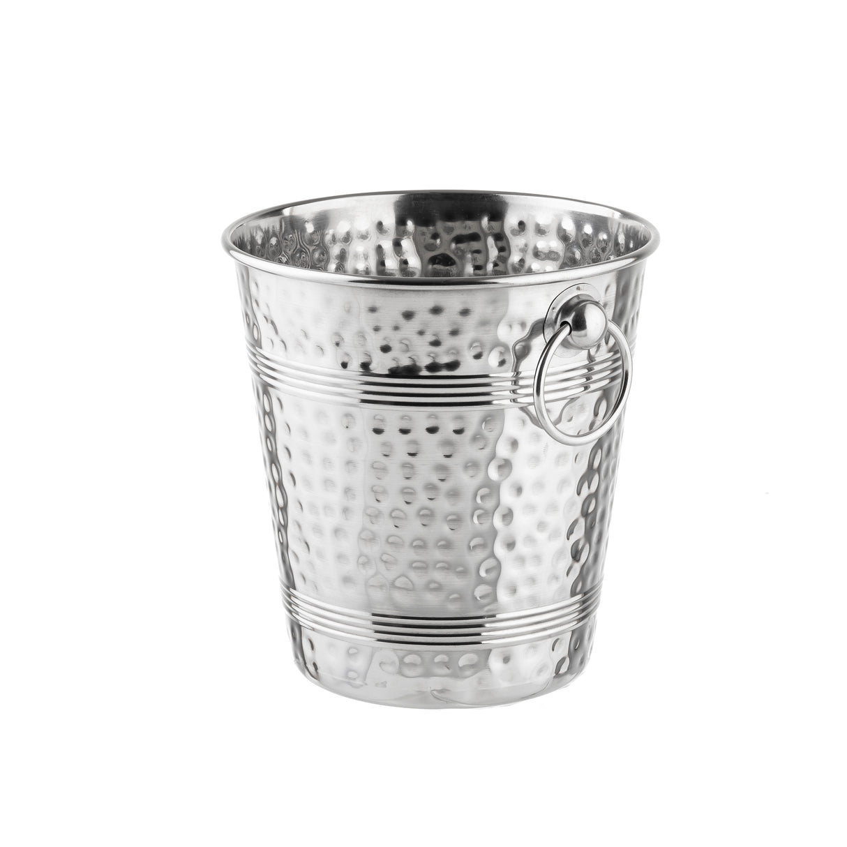A shiny, stainless steel bucket with a hammered texture, horizontal engraved lines, and a round metal ring handle attached to one side. The TableCraft ice bucket is empty and stands on a white background.