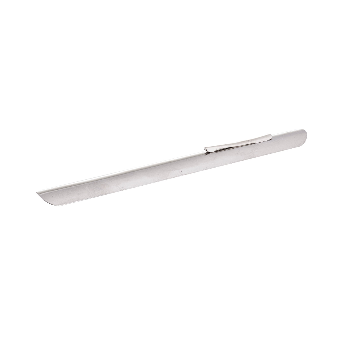 A long, slender metallic tube with a slightly angled, beveled tip at one end and a flat pocket clip attached near the middle. The object appears to be made of shiny stainless steel and is photographed against a plain white background.