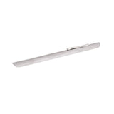 A long, slender metallic tube with a slightly angled, beveled tip at one end and a flat pocket clip attached near the middle. The object appears to be made of shiny stainless steel and is photographed against a plain white background.