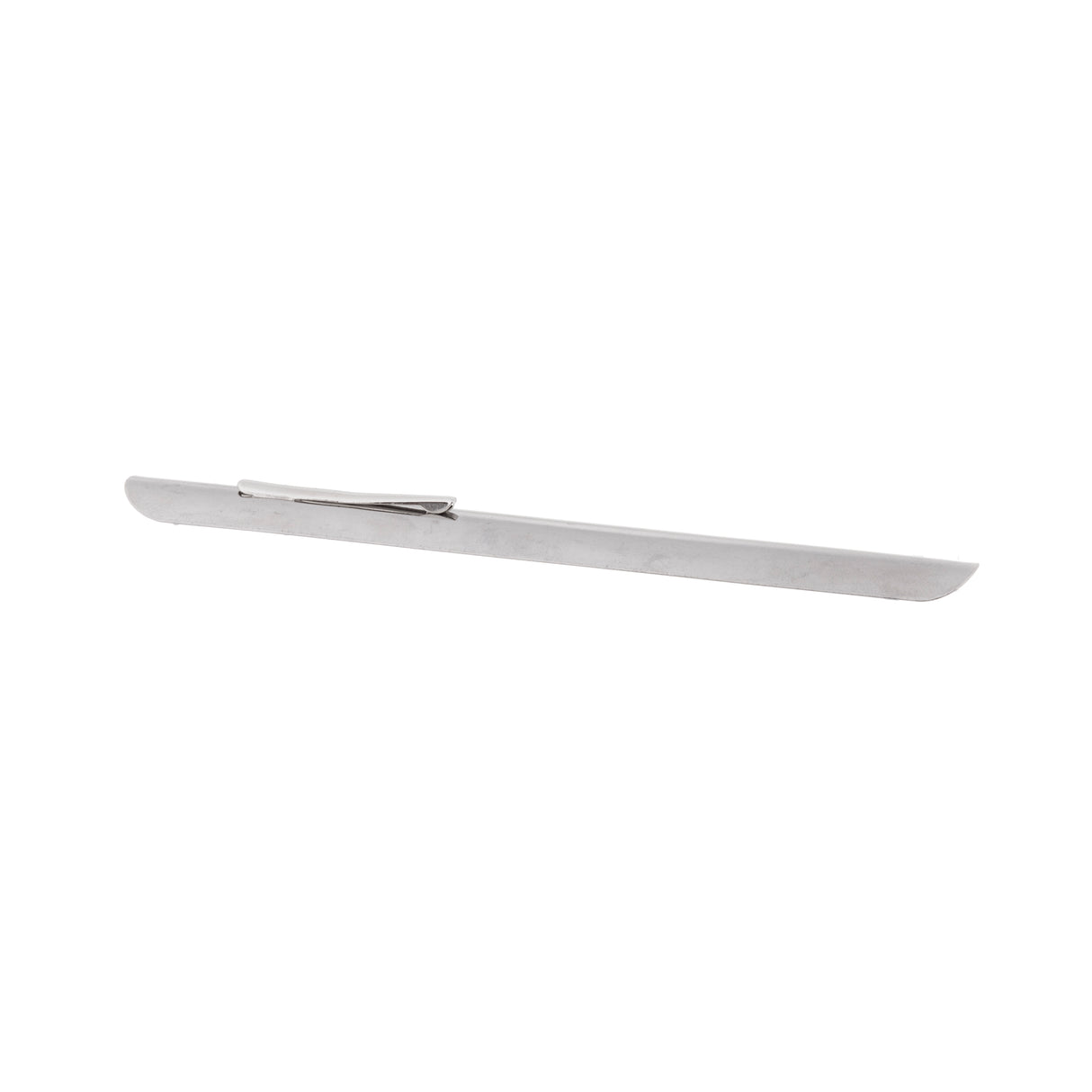 A stainless steel tongue depressor with a flat, elongated shape and a slightly curved end, featuring a small pocket clip attached near one side. The background is plain white.