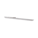 A stainless steel tongue depressor with a flat, elongated shape and a slightly curved end, featuring a small pocket clip attached near one side. The background is plain white.