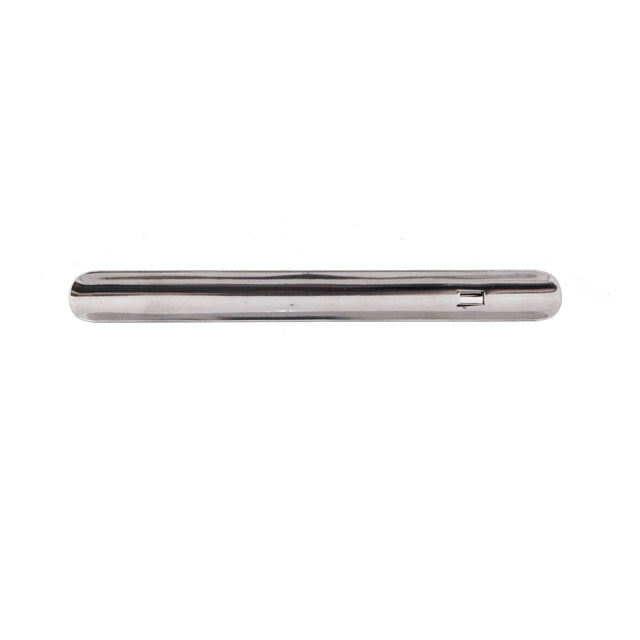 A long, slim deluxe table crumber made of stainless steel with a smooth, shiny surface and rounded ends. It features a small notch or slot near one end and is photographed against a white background.