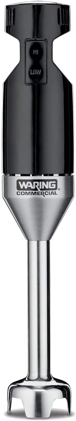 The Waring WSB33X Medium Duty Immersion Blender features a black handle, “Hi” and “Low” speed buttons, a stainless steel blending shaft, and the Waring logo on the front. The device stands upright against a white background.