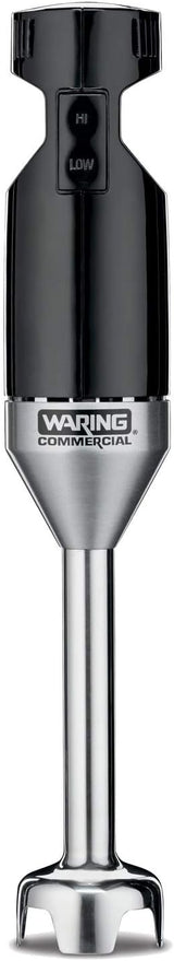 The Waring WSB33X Medium Duty Immersion Blender features a black handle, “Hi” and “Low” speed buttons, a stainless steel blending shaft, and the Waring logo on the front. The device stands upright against a white background.