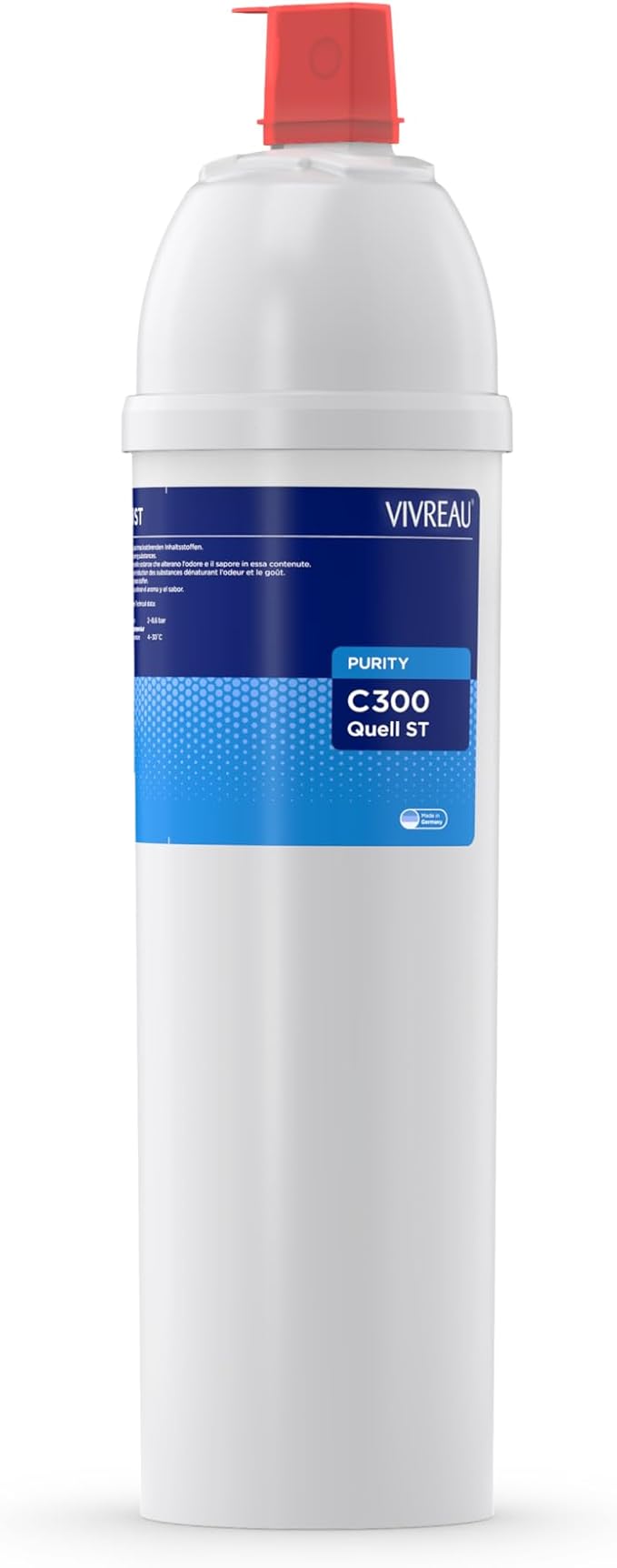 A white cylindrical water filter cartridge, the Vivreau Purity C500 ADVANCED Filter, stands upright. The blue label with white text and red cap highlights its catalytic carbon technology. The plain white background isolates the cartridge.