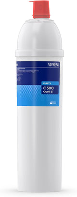 A white cylindrical water filter cartridge, the Vivreau Purity C500 ADVANCED Filter, stands upright. The blue label with white text and red cap highlights its catalytic carbon technology. The plain white background isolates the cartridge.