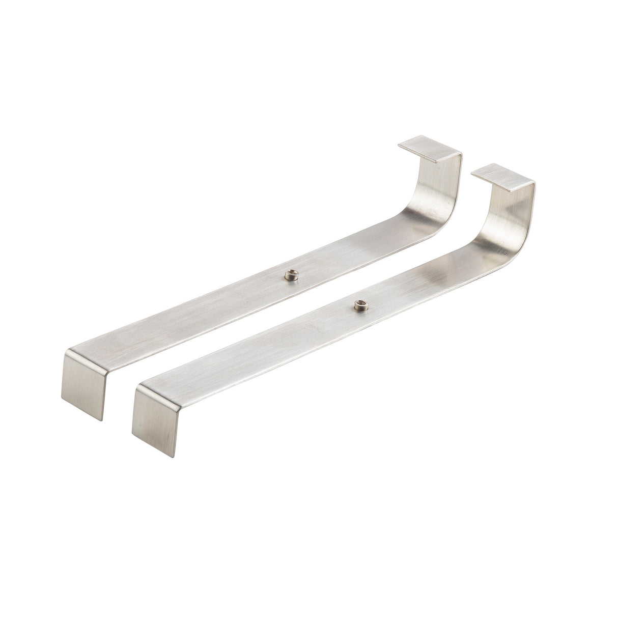 Two brushed metal TableCraft Products over-the-door hooks with squared ends and a right-angle bend at the top for hanging. Each hook has a small screw in the middle, and both are positioned parallel on a plain white background.
