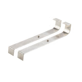 Two brushed metal TableCraft Products over-the-door hooks with squared ends and a right-angle bend at the top for hanging. Each hook has a small screw in the middle, and both are positioned parallel on a plain white background.