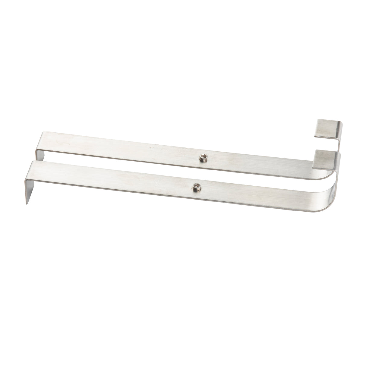 Two silver metal over-the-door hooks from TableCraft Products are shown side by side. Each hook has a flat, rectangular design with a right-angle bend for hanging and an upward bend to fit over doors, and they're dishwasher safe for easy cleaning.