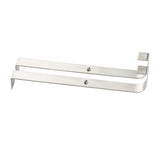 Two silver metal over-the-door hooks from TableCraft Products are shown side by side. Each hook has a flat, rectangular design with a right-angle bend for hanging and an upward bend to fit over doors, and they're dishwasher safe for easy cleaning.