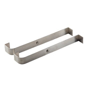 Two stainless steel over-the-door hooks with a brushed finish, both featuring a simple rectangular design. These modern, minimalist hooks from TableCraft Products are also dishwasher safe for easy cleaning.