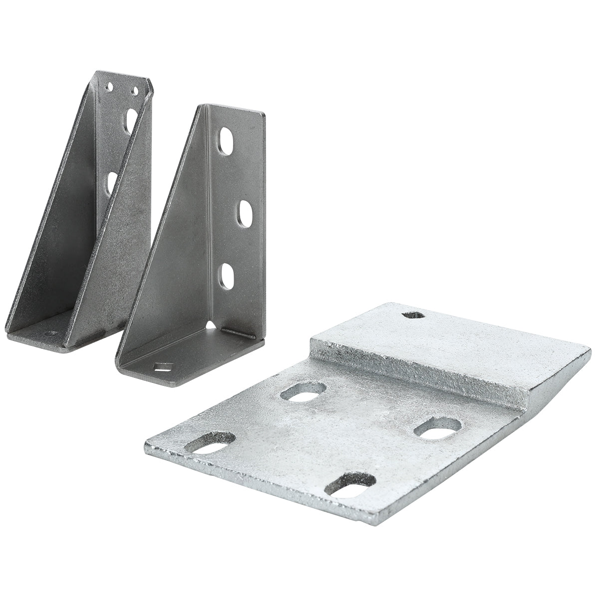 Three silver metal brackets from Empura Parts are shown on a white background. Two are L-shaped with three circular holes each, positioned upright. The third bracket, used as a light switch bracket, is flat with four elongated holes and a raised edge.
