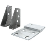 Three silver metal brackets from Empura Parts are shown on a white background. Two are L-shaped with three circular holes each, positioned upright. The third bracket, used as a light switch bracket, is flat with four elongated holes and a raised edge.