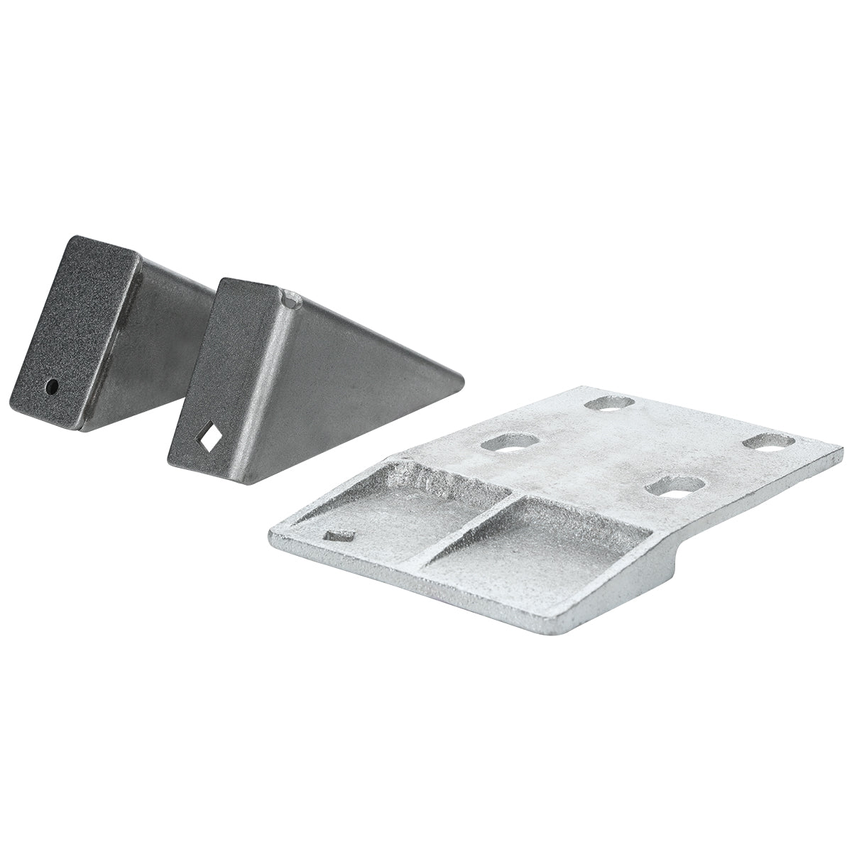 Two metal brackets are shown: one is a silver rectangular Light Switch Bracket with four holes and two raised sections; the other, from Empura Parts, consists of two gray triangular brackets with a small hole at each end, both angled toward the left.