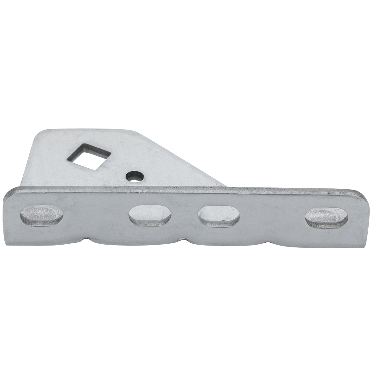 A flat, silver door hinge bracket with three oval holes in a row on the long side and one square hole near a slanted edge. Compatible with Empura Refrigeration, this Empura Parts bracket has smooth, angled edges and a matte finish.