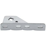 A flat, silver door hinge bracket with three oval holes in a row on the long side and one square hole near a slanted edge. Compatible with Empura Refrigeration, this Empura Parts bracket has smooth, angled edges and a matte finish.