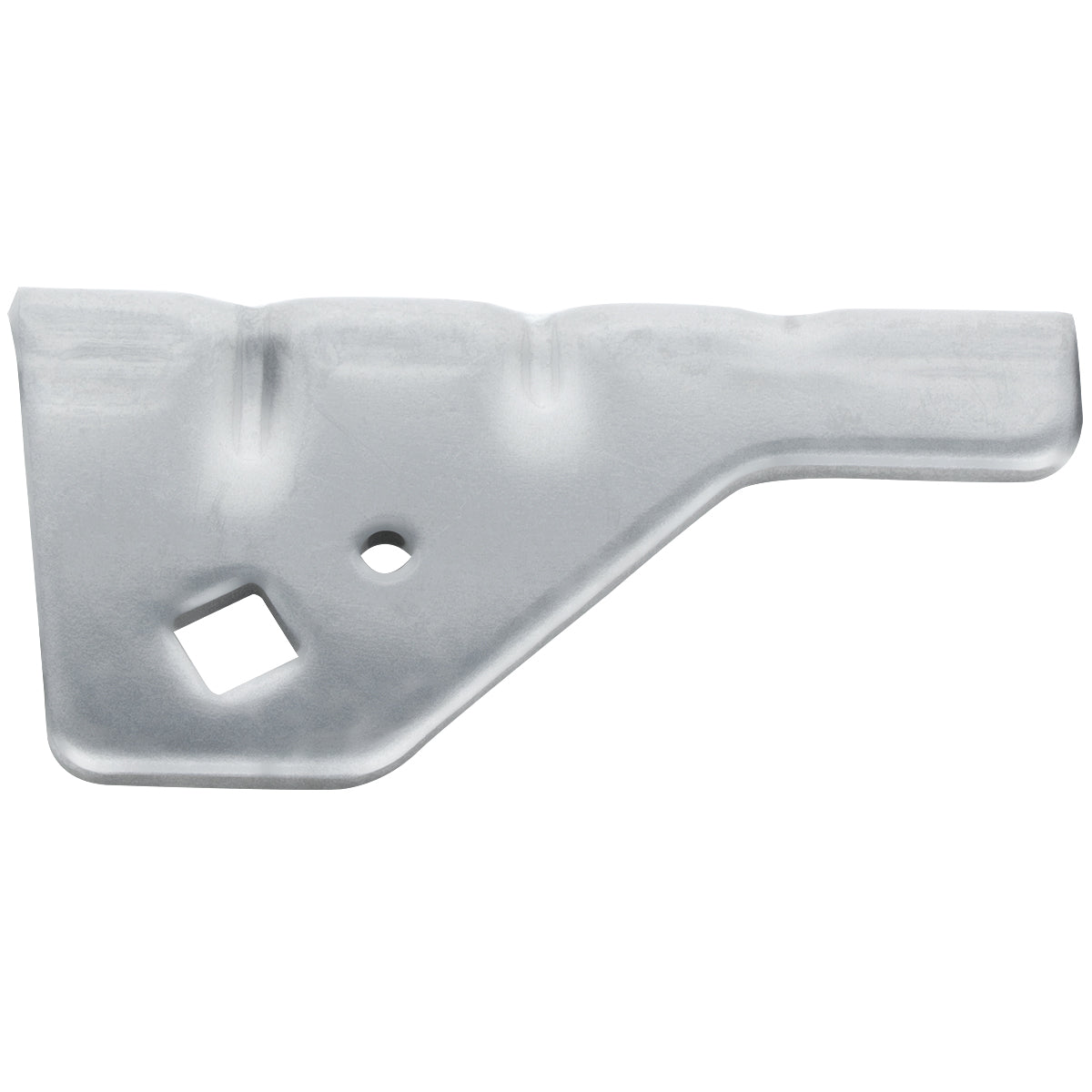 A flat, silver metal Door Hinge Bracket for Empura Refrigeration features a slanted design with two holes—one round, one square. The asymmetrical shape has one side extending outward, and three shallow indentations along the top edge mark this Empura Part.