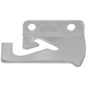 A flat, silver metal bracket with two screw holes at the top and a hook-shaped cutout on the left side, designed as a Top Lid Hinge for Empura Refrigeration pizza prep tables. The bracket features a slightly angled right edge and a smooth, matte finish.