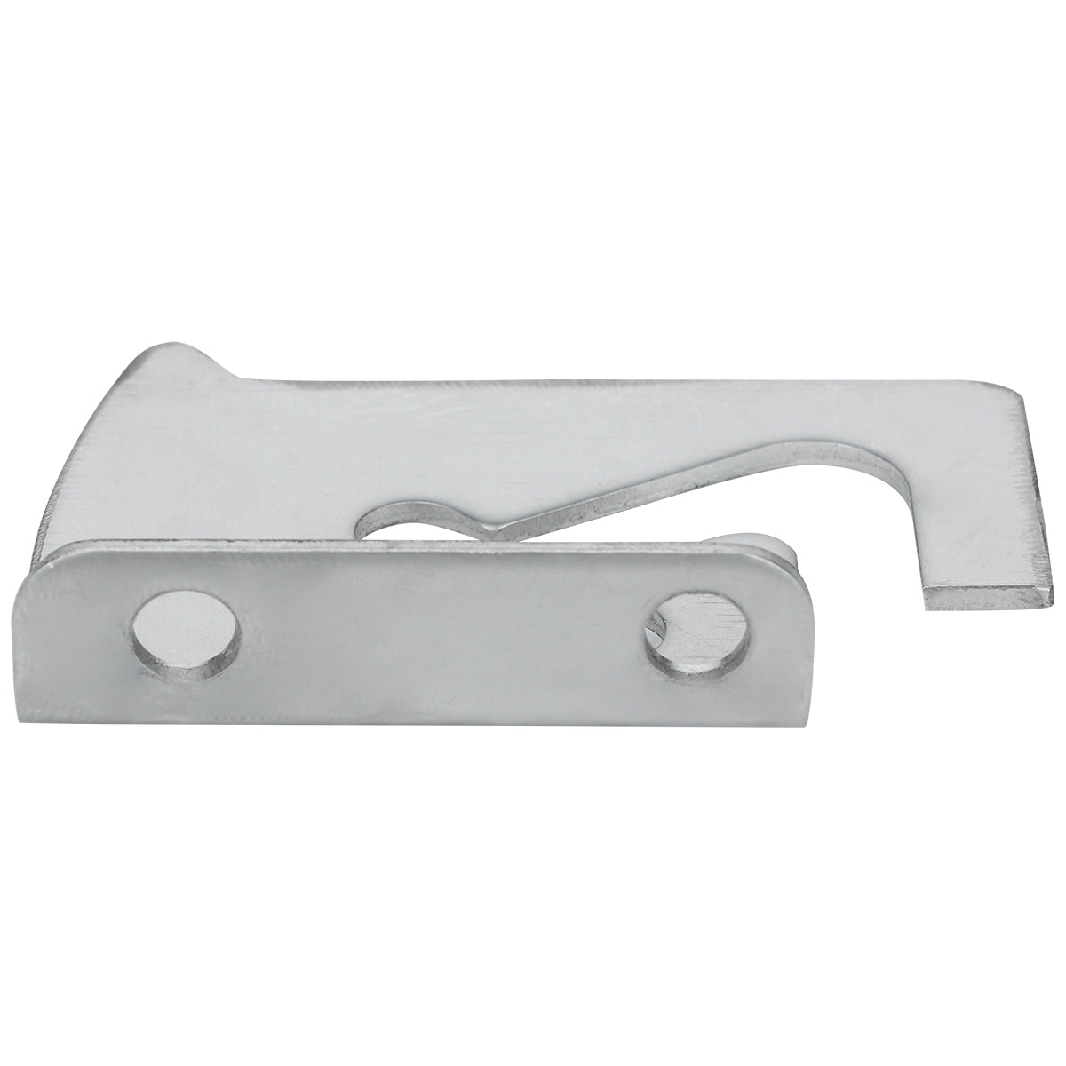Silver metal latch with a flat base, two screw holes, and an angled hooked arm—ideal as a Top Lid Hinge for Empura Refrigeration or pizza prep tables. This minimalist, industrial latch is photographed on a white background.
