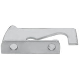 Silver metal latch with a flat base, two screw holes, and an angled hooked arm—ideal as a Top Lid Hinge for Empura Refrigeration or pizza prep tables. This minimalist, industrial latch is photographed on a white background.