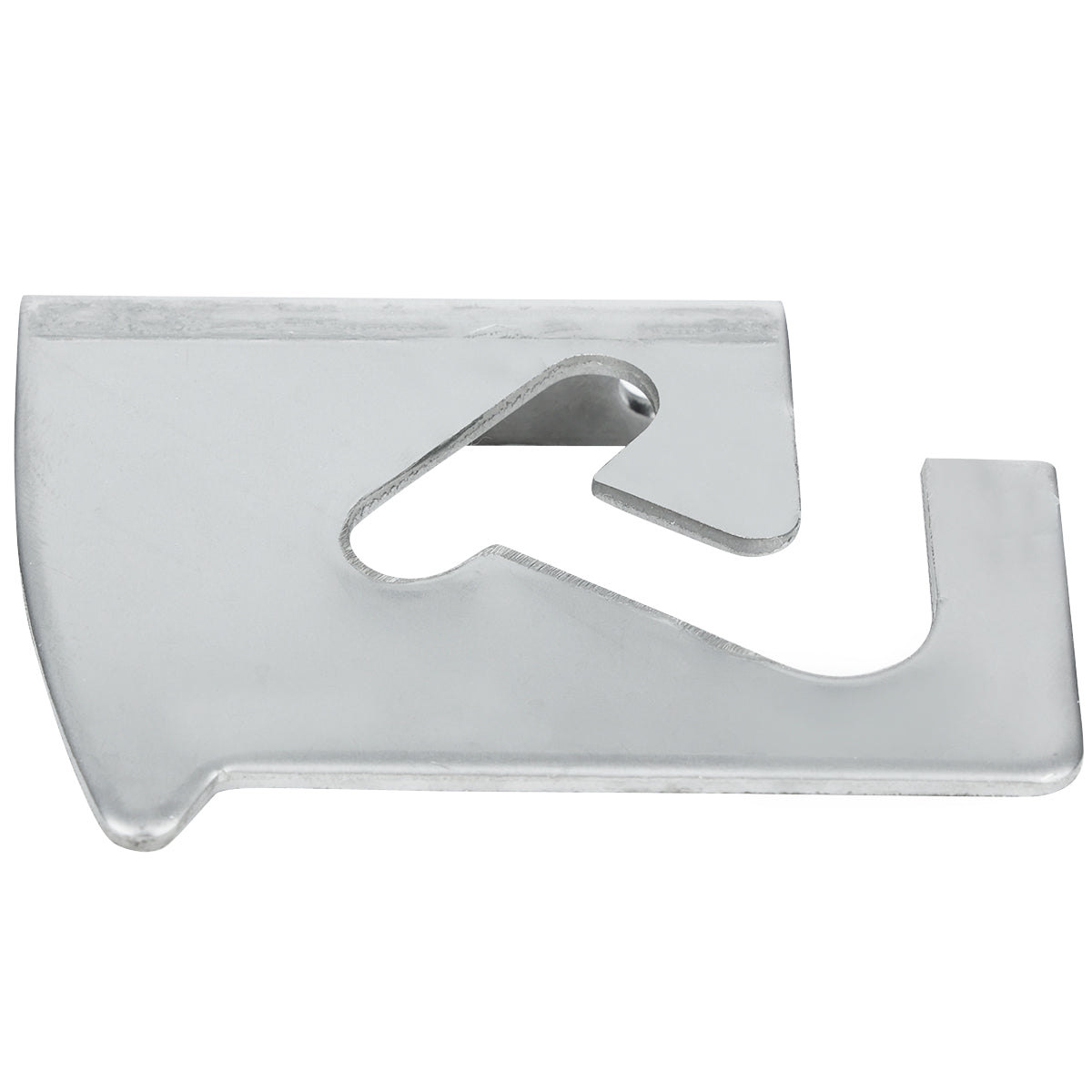 A flat, silver metal tool with a hooked end, an angled inner cut-out, and a small circular hole near the center; ideal for opening cans or bottles on an Empura Refrigeration pizza prep table. The surface is smooth and reflective.