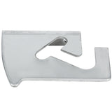 A flat, silver metal tool with a hooked end, an angled inner cut-out, and a small circular hole near the center; ideal for opening cans or bottles on an Empura Refrigeration pizza prep table. The surface is smooth and reflective.