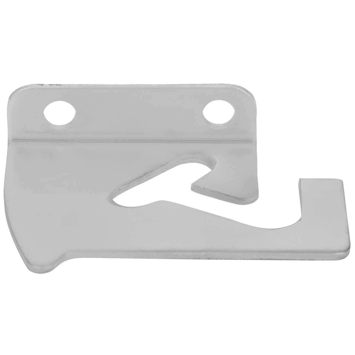 A flat, silver metal bracket for Empura Refrigeration pizza prep tables, featuring two circular holes at the top for mounting and an angled hook on the right side. The surface is smooth and shiny, with a cut-out section near the center. Ideal as a Top Lid Hinge.