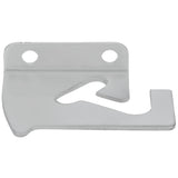 A flat, silver metal bracket for Empura Refrigeration pizza prep tables, featuring two circular holes at the top for mounting and an angled hook on the right side. The surface is smooth and shiny, with a cut-out section near the center. Ideal as a Top Lid Hinge.