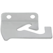 A flat, silver metal bracket for Empura Refrigeration pizza prep tables, featuring two circular holes at the top for mounting and an angled hook on the right side. The surface is smooth and shiny, with a cut-out section near the center. Ideal as a Top Lid Hinge.