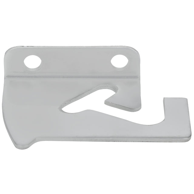 A flat, silver metal bracket for Empura Refrigeration pizza prep tables, featuring two circular holes at the top for mounting and an angled hook on the right side. The surface is smooth and shiny, with a cut-out section near the center. Ideal as a Top Lid Hinge.