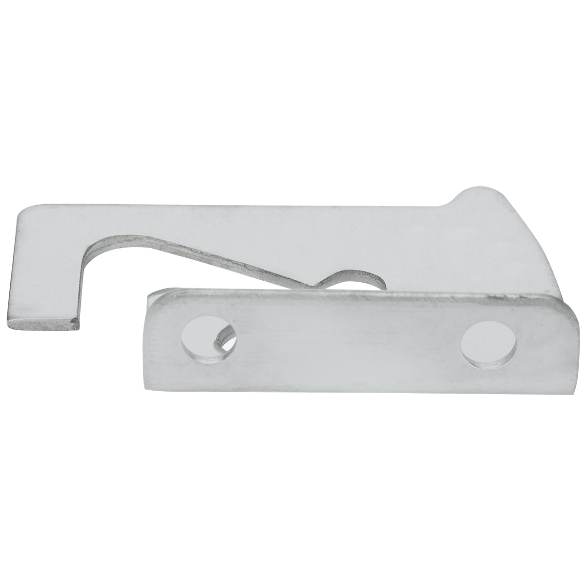 A flat, silver metal Top Lid Hinge with two round holes on one end and a hook-like protrusion on the other, featuring an angular cutout in the center. The smooth, reflective piece is photographed against a plain white background.
