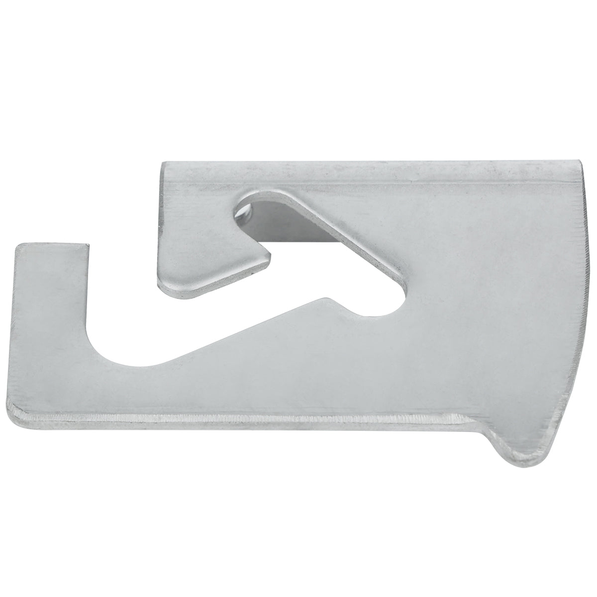 A close-up of a small, flat, silver metal tool with angular cutouts and notches, designed for opening cans or bottles—perfect for utility use around an Empura Refrigeration pizza prep table. Its matte finish and precise edges enhance its functionality.