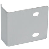 A silver metal cutting board hinge bracket with a right-angle bend, two rounded rectangular holes on one side, and a smooth, reflective surface. Designed for Empura Refrigeration sandwich prep tables. Positioned upright against a plain white background.