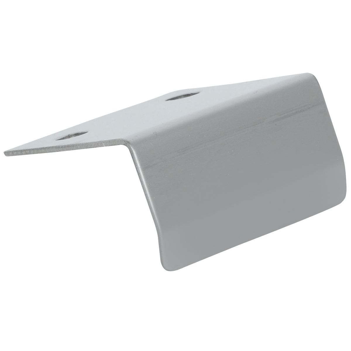 A metal cutting board hinge bracket with a bent, angled shape, two mounting holes on the flat upper section, and a smoothly finished silver-gray surface, designed for attaching or supporting objects at a right angle on a sandwich prep table.