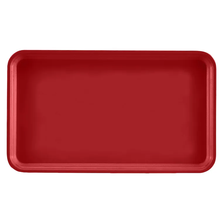 A rectangular red Camtray made from high-impact fiberglass with raised edges and rounded corners, viewed from above on a plain white background. The dishwasher safe tray is empty and features a smooth, glossy surface.