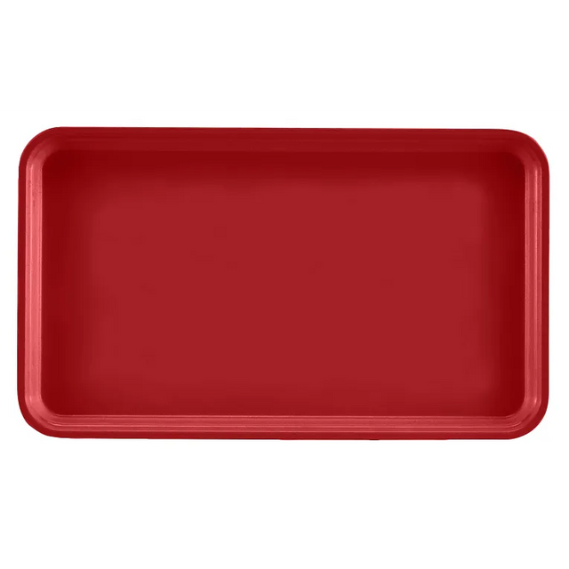 A rectangular red Camtray with rounded corners, raised edges, and a smooth, solid surface. This high-impact fiberglass tray is empty and photographed from directly above against a white background.
