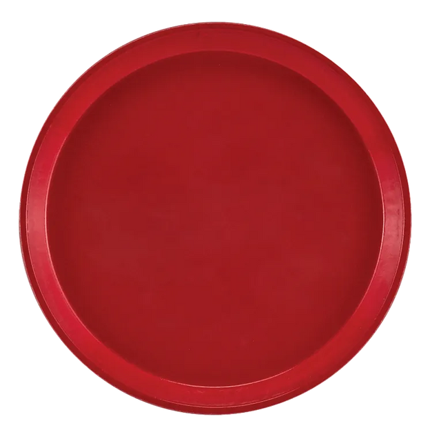 A round, solid Cambro red Serving Camtray with a slightly raised rim, viewed from above. The smooth, evenly colored surface suggests it’s a durable fiberglass tray, set against a plain white background.