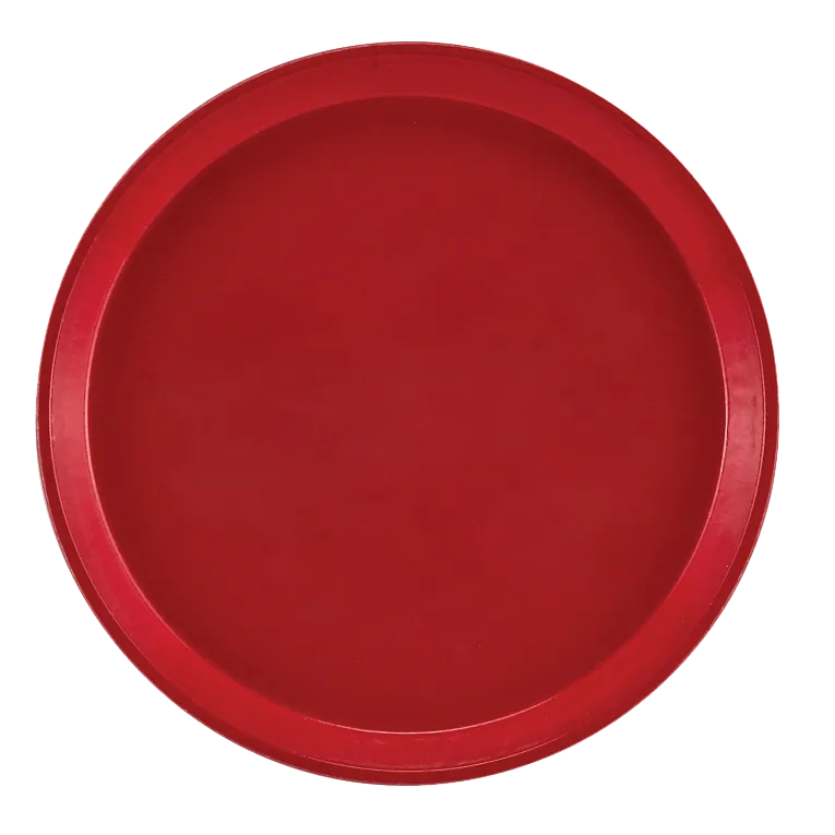A plain, round Serving Camtray in vibrant red is seen from above. This fiberglass tray features a flat, smooth matte surface with a slightly raised edge and is dishwasher safe. The white background makes the bold color stand out clearly.