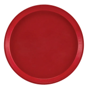 A plain, round red fiberglass tray with a raised edge is pictured against a white background. The smooth, unadorned surface suggests it's a Serving Camtray that is likely dishwasher safe and made of durable plastic or similar material.