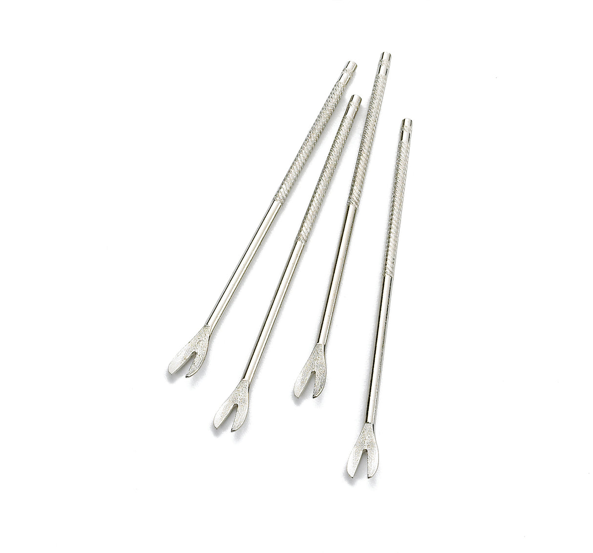 Four chrome plated corn holders are shown on a white background. Each features a textured grip and a forked, two-pronged end similar to shellfish forks. The holders are arranged diagonally and slightly overlap each other.