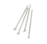 Four chrome plated corn holders are shown on a white background. Each features a textured grip and a forked, two-pronged end similar to shellfish forks. The holders are arranged diagonally and slightly overlap each other.
