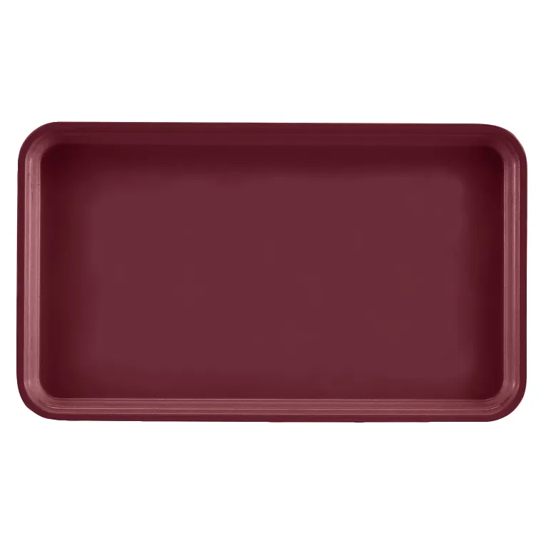 A rectangular maroon Camtray with raised edges and rounded corners, viewed from above against a white background. This high-impact fiberglass tray has a smooth surface, is dishwasher safe, and features no visible handles or decorations.