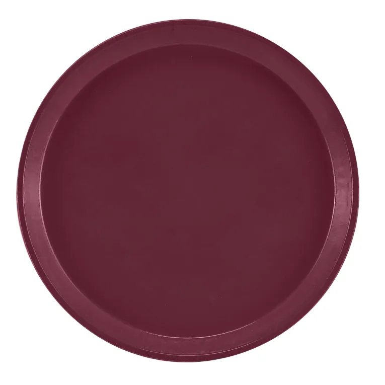 A round, flat Serving Camtray with raised edges, shown from above. The solid burgundy fiberglass tray has a smooth, matte finish and is dishwasher safe. There are no visible patterns or handles, set against a plain white background.