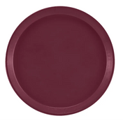 A round, deep reddish-burgundy Serving Camtray is shown from above against a white background. The fiberglass tray features a smooth surface and slightly raised rim, with no visible patterns or designs. It is also dishwasher safe.
