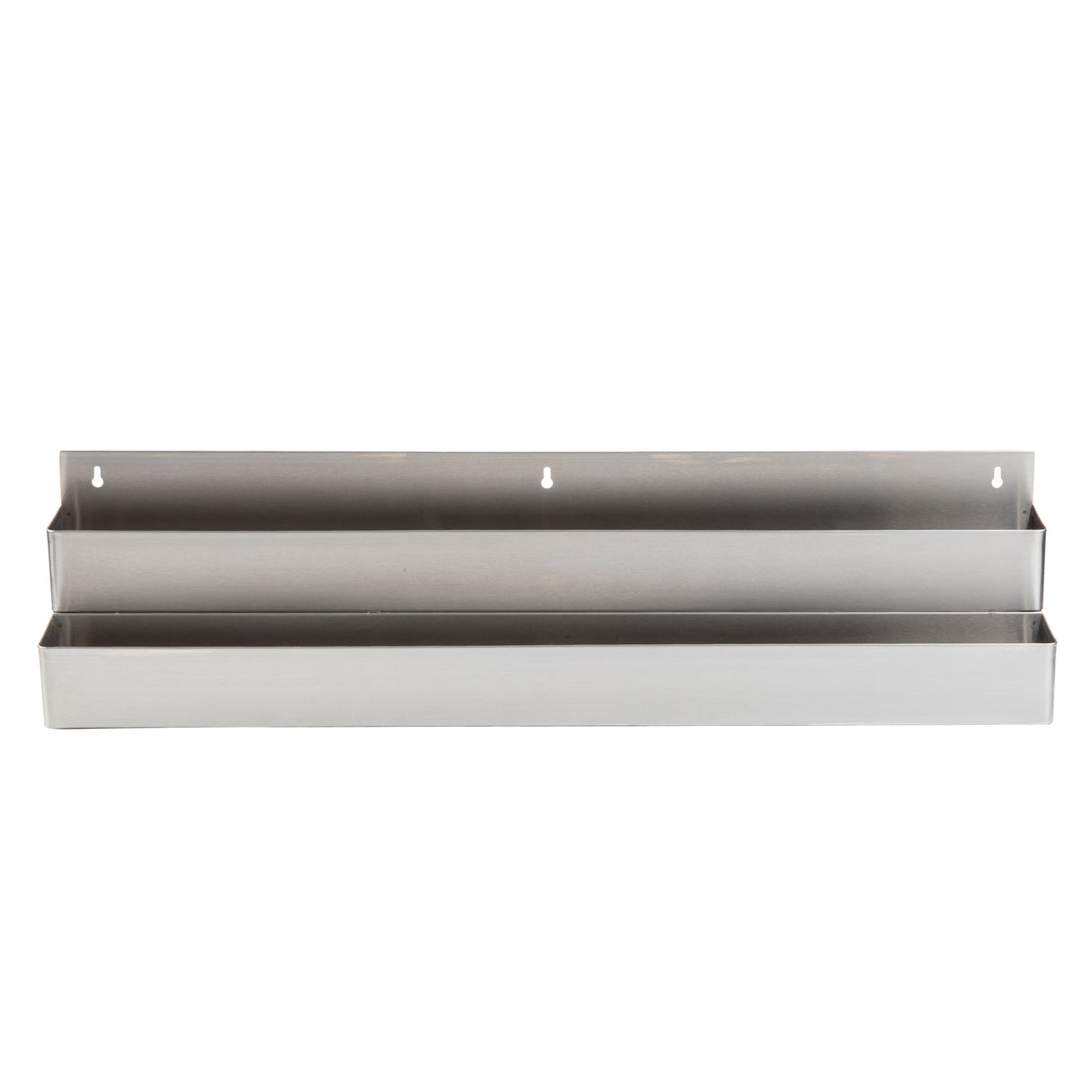 A stainless steel wall-mounted organizer with two horizontal, rectangular compartments. Both sections have open tops and are stacked vertically, with the upper compartment slightly shorter. Features two mounting holes at the back for easy attachment.