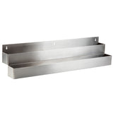 A 42-inch, wall-mounted stainless steel shelf with two horizontal tiers. Each tier forms a tray-like compartment for storage, and the brushed metal shelf includes pre-drilled holes for mounting on a flat surface.