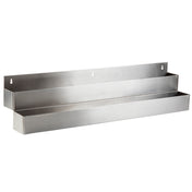 A 42-inch, wall-mounted stainless steel shelf with two horizontal tiers. Each tier forms a tray-like compartment for storage, and the brushed metal shelf includes pre-drilled holes for mounting on a flat surface.